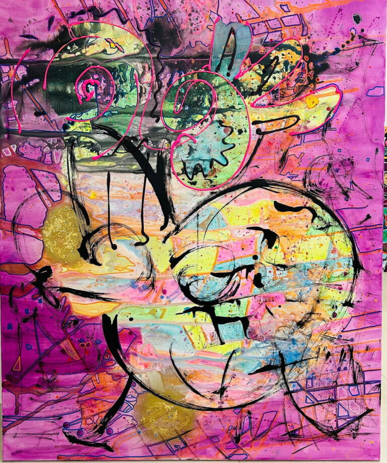 Peinture abstraite rose de Marie-Odile Houver aux formes organiques noires et vertes