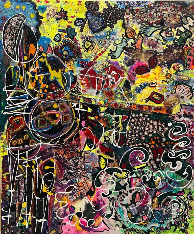 Peinture abstraite très colorée de Marie-Odile Houver aux lignes blanches et noires