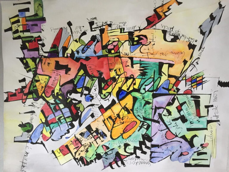 Composition abstraite de Marie-Odile Houver aux formes calligraphiques multicolores