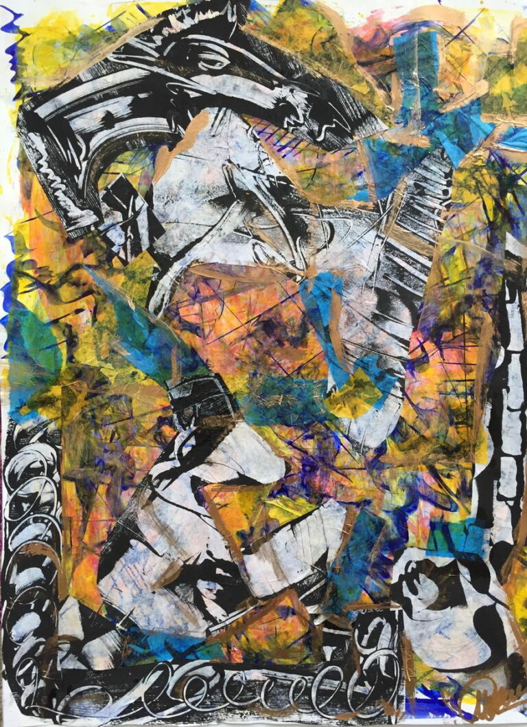 Composition abstraite de Marie-Odile Houver en noir et blanc sur des touches jaunes et bleues