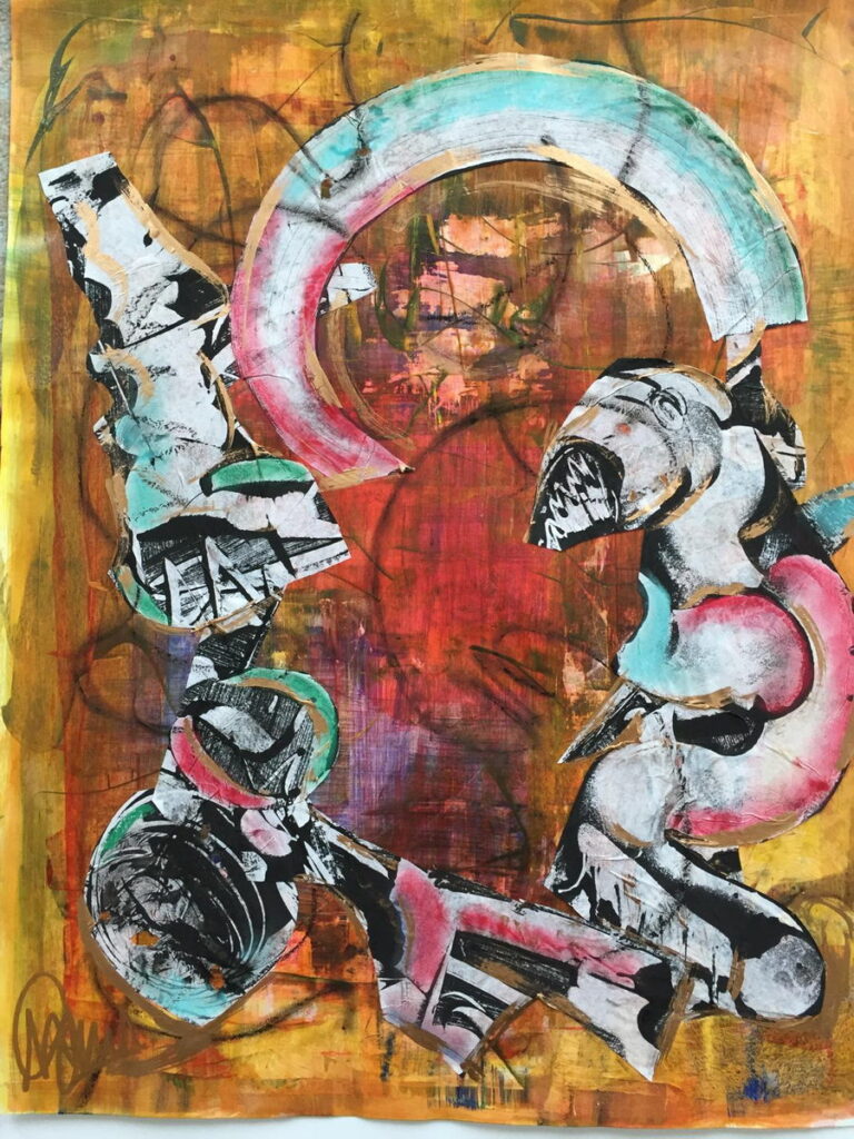 Composition abstraite de Marie-Odile Houver aux formes circulaires sur fond ocre et rouge