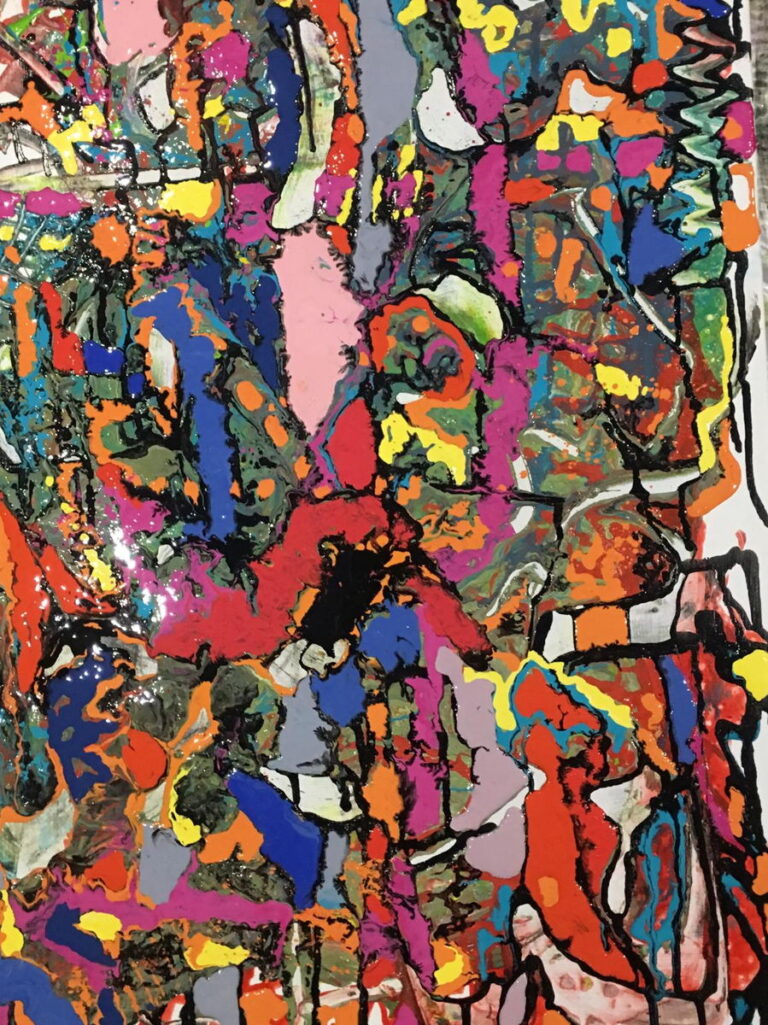 Peinture abstraite verticale de Marie-Odile Houver aux aplats orange, rose, bleu et noir