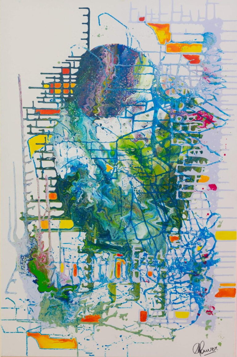 Peinture abstraite de Marie-Odile Houver aux coulées bleues et vertes sur fond clair