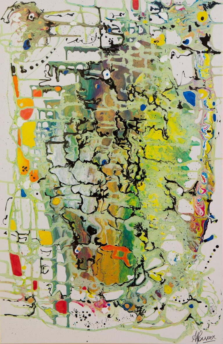 Peinture abstraite de Marie-Odile Houver aux matières vert pâle, jaune et blanc