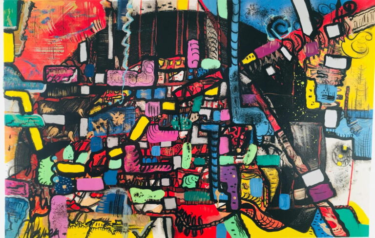 Peinture abstraite horizontale de Marie-Odile Houver aux blocs noirs, rouges et turquoise