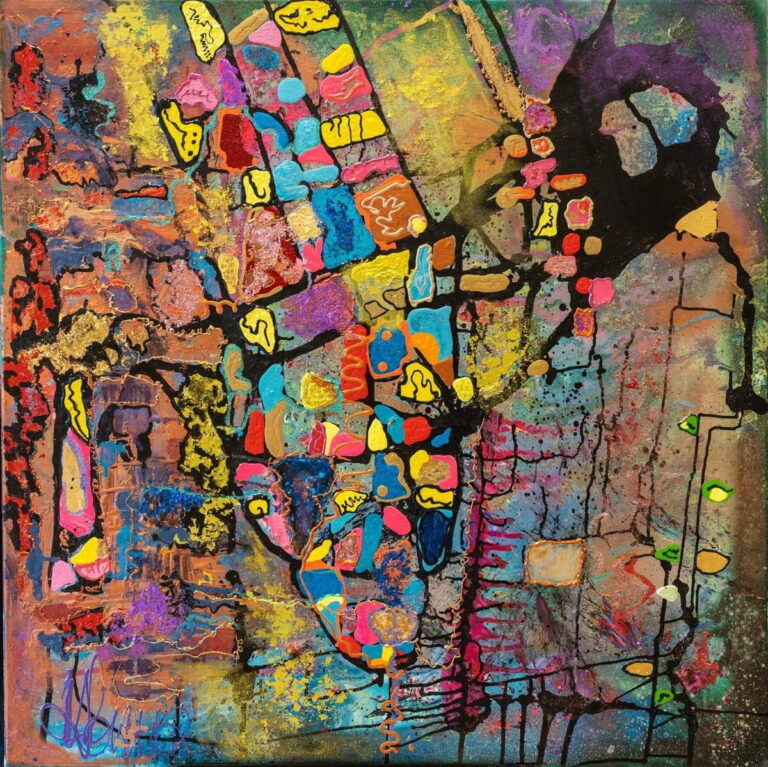 Peinture abstraite carrée de Marie-Odile Houver aux formes colorées cernées de noir