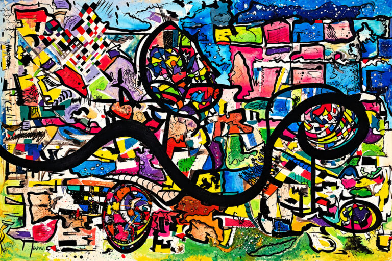 Peinture abstraite horizontale de Marie-Odile Houver traversée de larges lignes noires