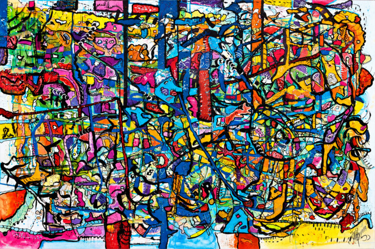Peinture abstraite panoramique de Marie-Odile Houver aux entrelacs bleus, jaunes et rouges