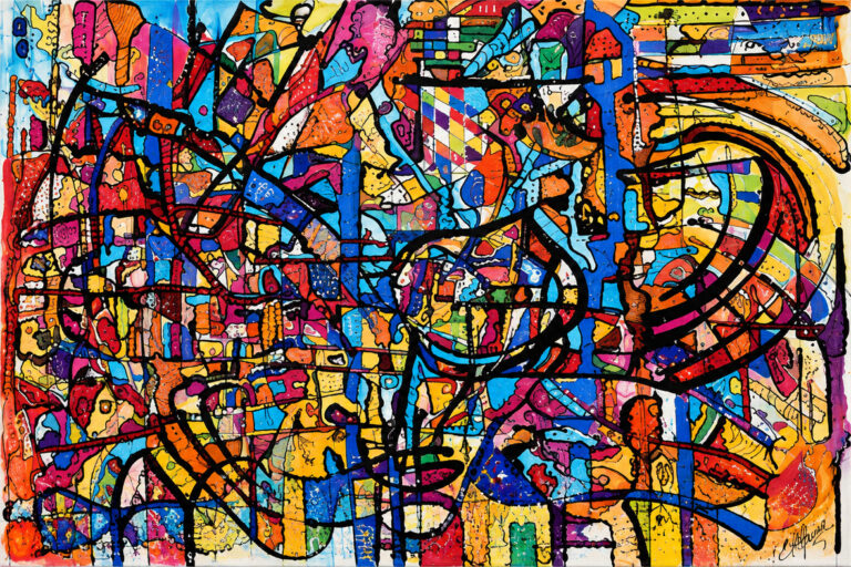 Peinture abstraite horizontale de Marie-Odile Houver aux motifs orange, bleus et noirs