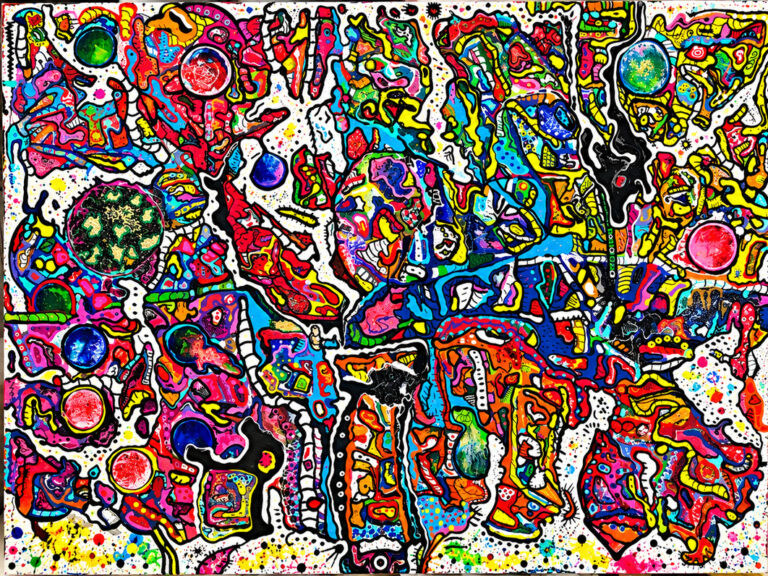 Peinture abstraite de Marie-Odile Houver aux formes multicolores et sphères sur fond blanc