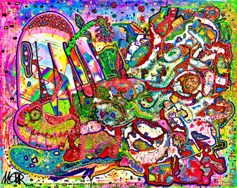 Peinture très colorée composée de formes imbriquées et de tracés.