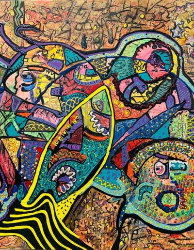 Peinture abstraite aux formes et aux couleurs multiples.