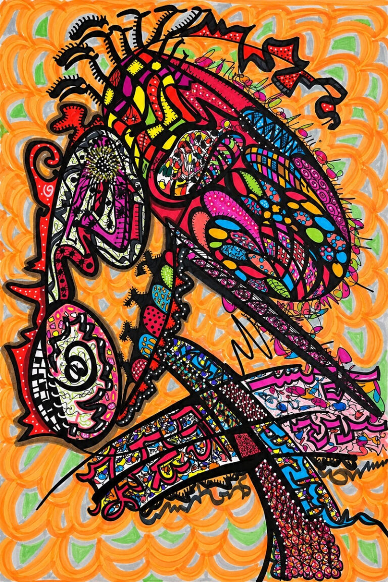 Composition abstraite multicolore sur fond orangé — œuvre de Marie-Odile Houver, 2026