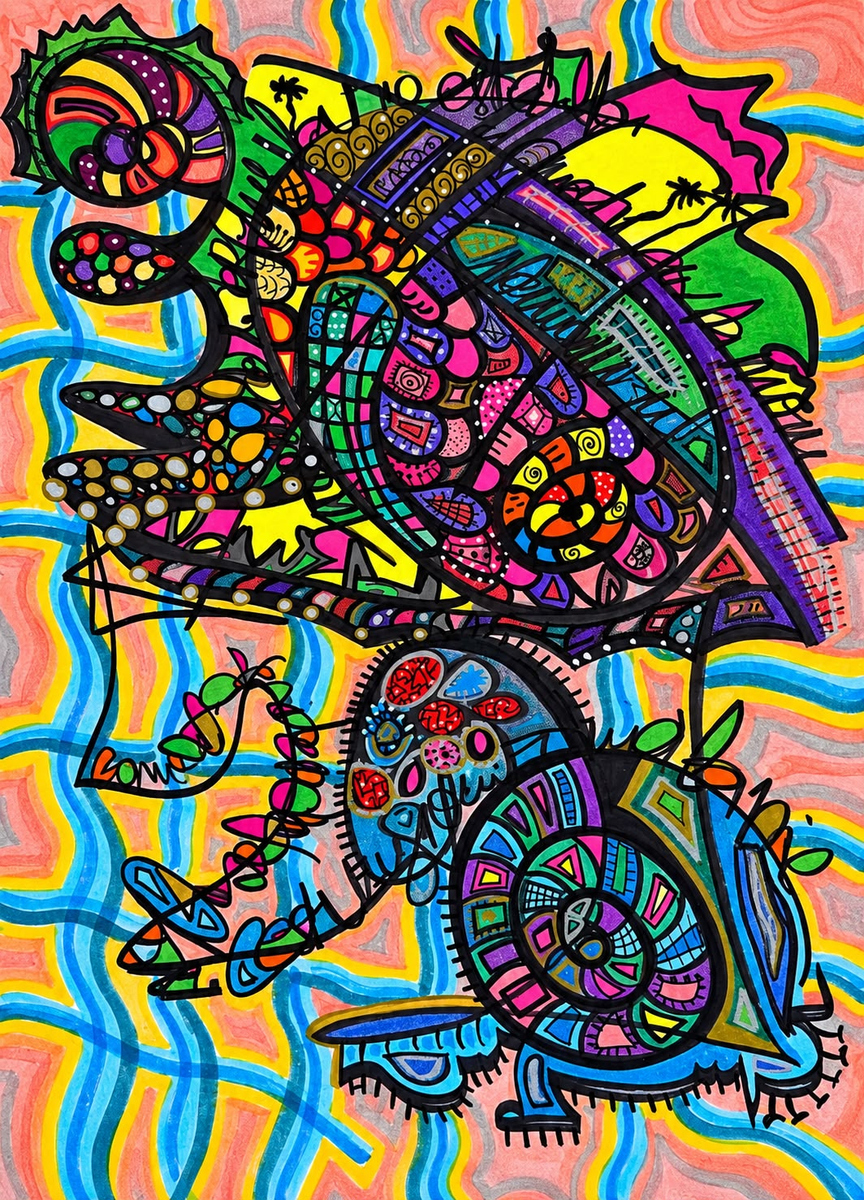 Peinture très colorée composée de formes imbriquées et de tracés.